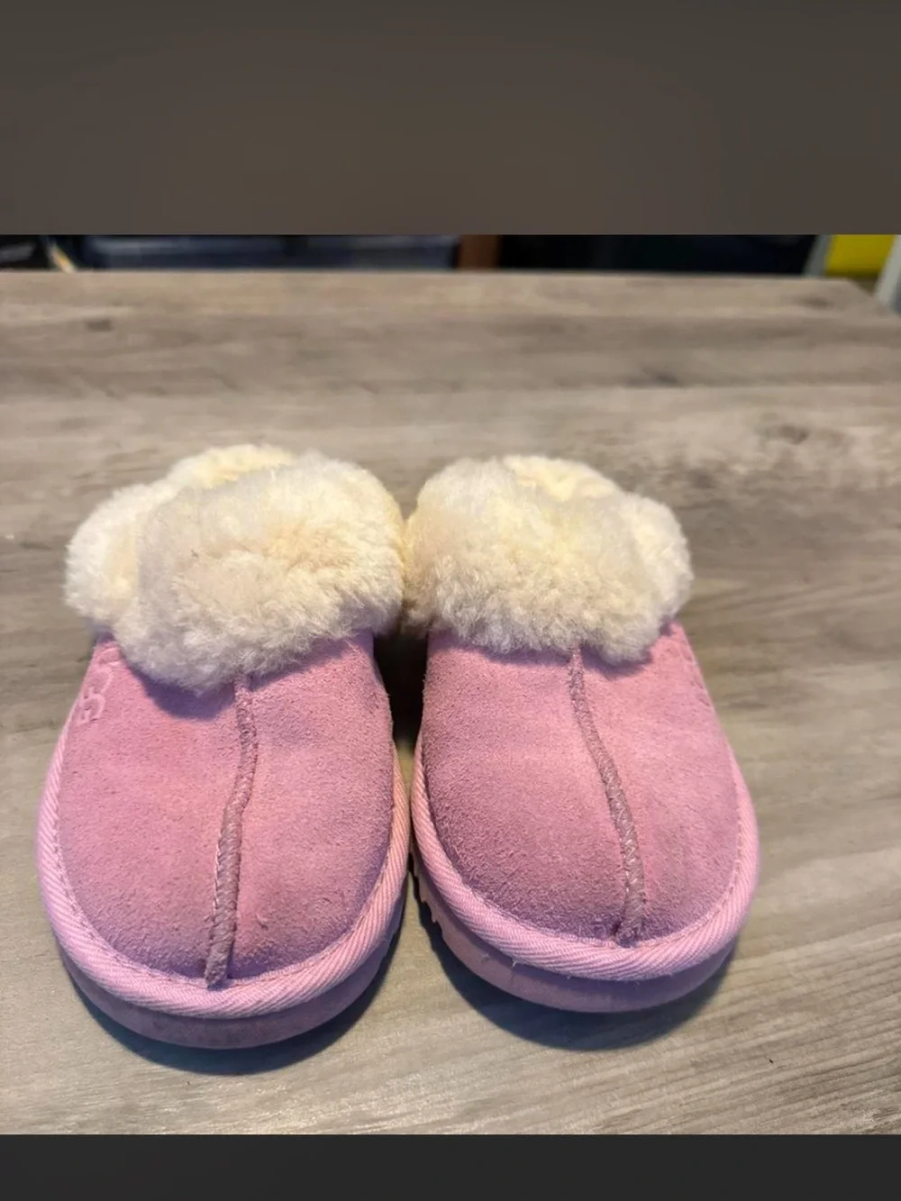 UGG Kids Pink Suede Slip-On Slippers with Cream Shearling Cuff